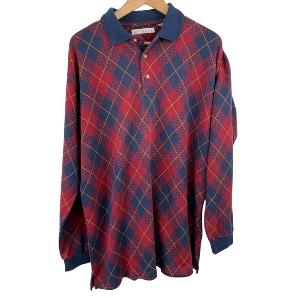 Tribute Mens SIze Large Long Sleeve Collared Polo Shirt Argyle Design Blue Red - Picture 1 of 8